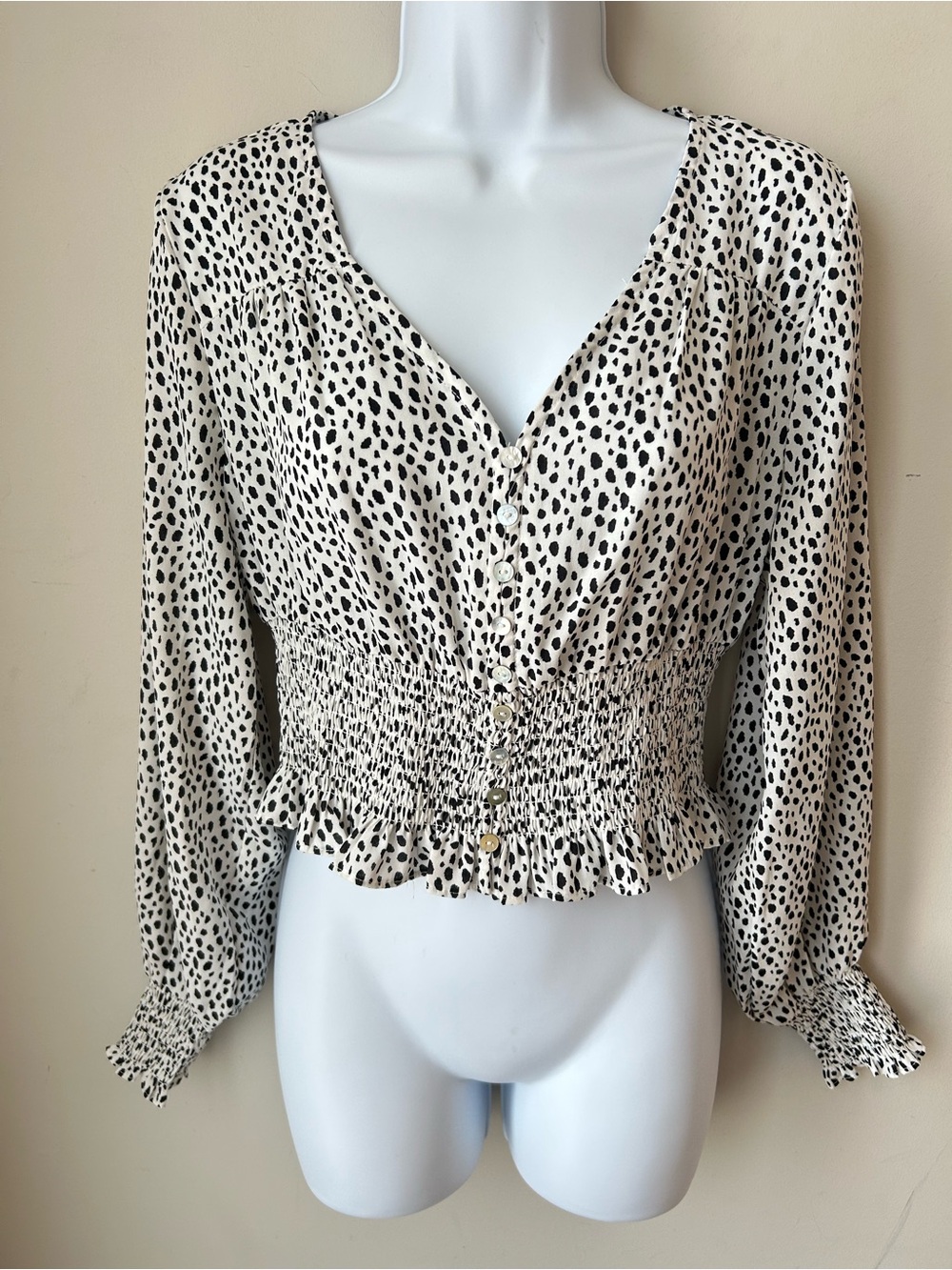 🟢 5 for $25 🟢 Streetwear Society Dalmatian Print Smocked Waist Blouse Y2K Boho